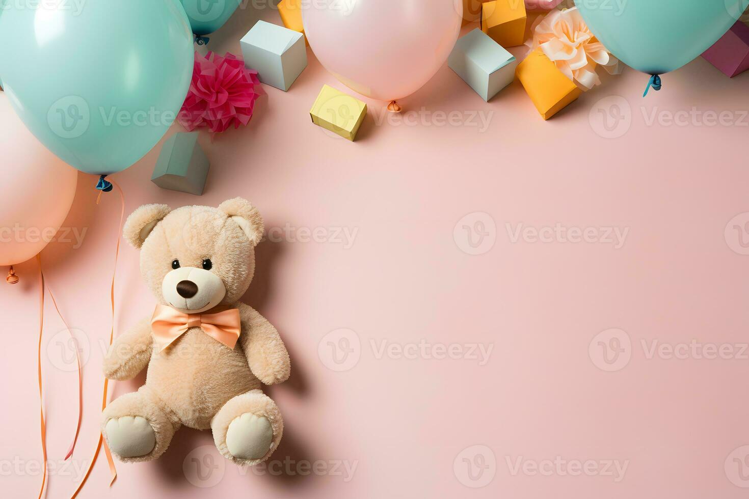 Invitation Background, Cute Bear and Balloon Stars, ai generated photo