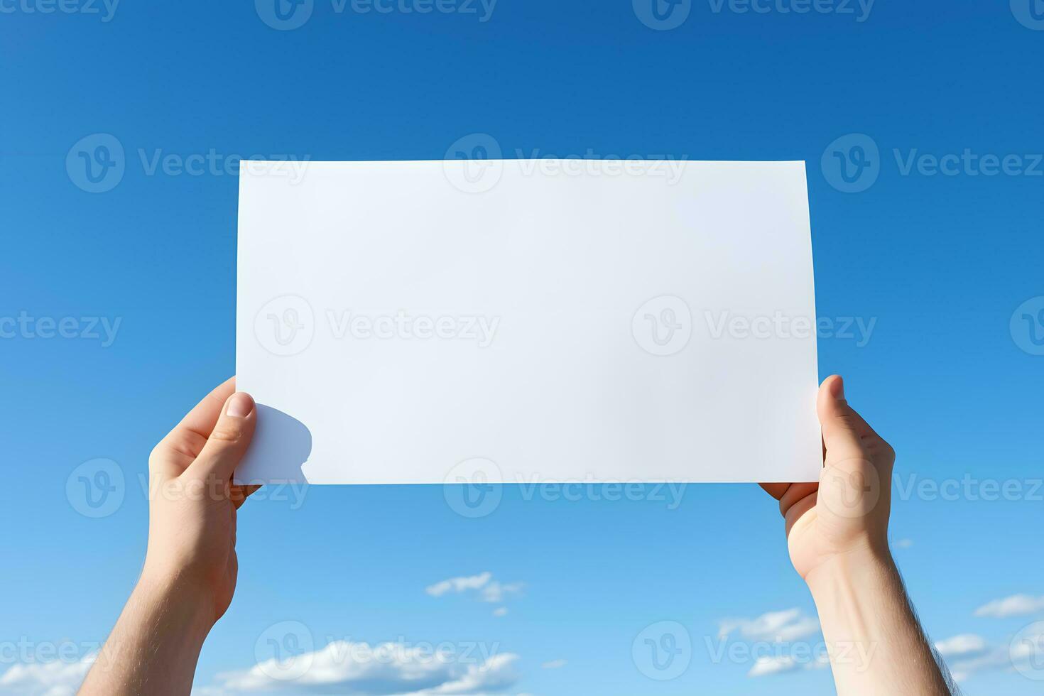 hand holding up plain landscape paper with blue sky background, ai generated photo