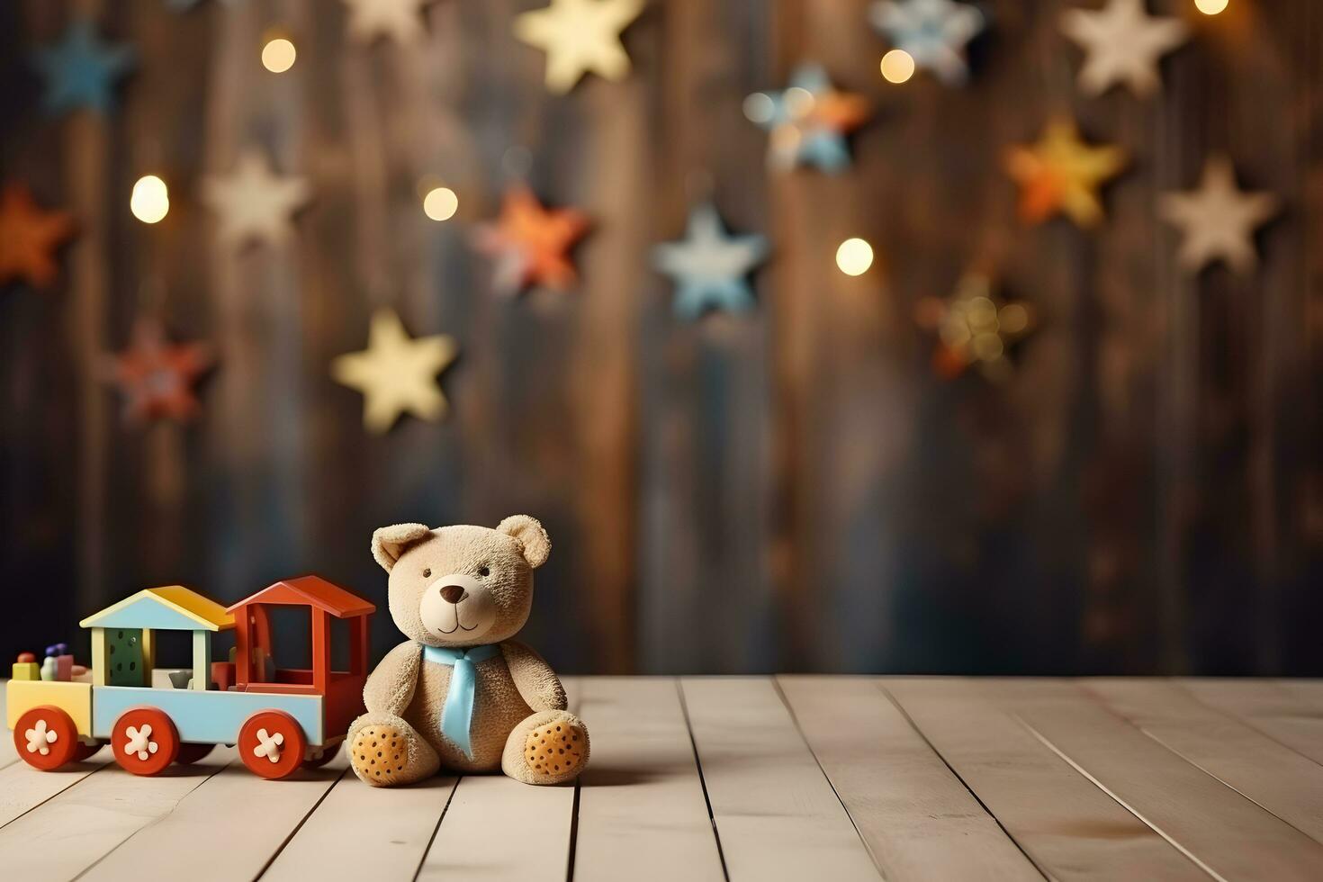 Bear doll and Stars element for Celebration background with copy space, ai generated photo