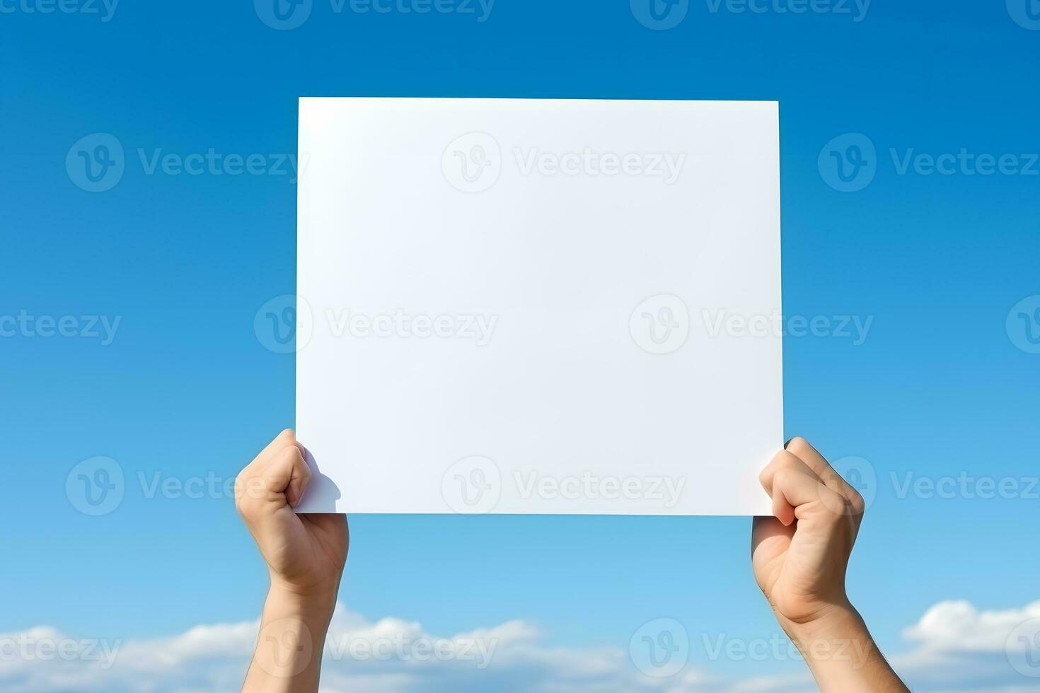 Outdoor Mockup, Hand Presents Landscape Paper on Blue Sky, ai generated photo