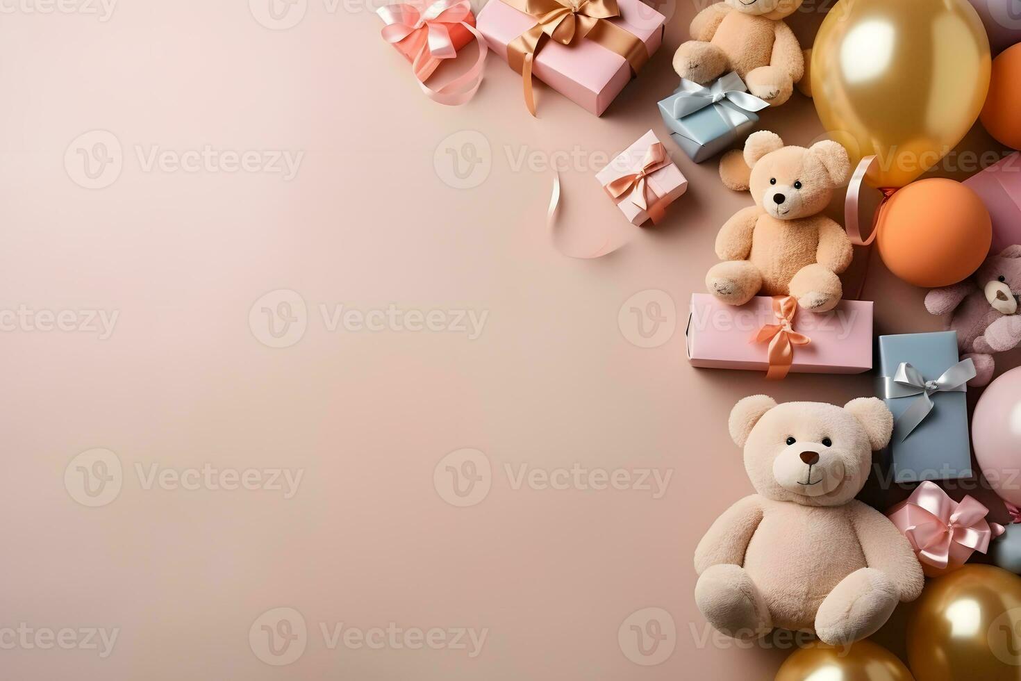 Invitation Background with copy space, Bear with gift box Balloons element, ai generated photo