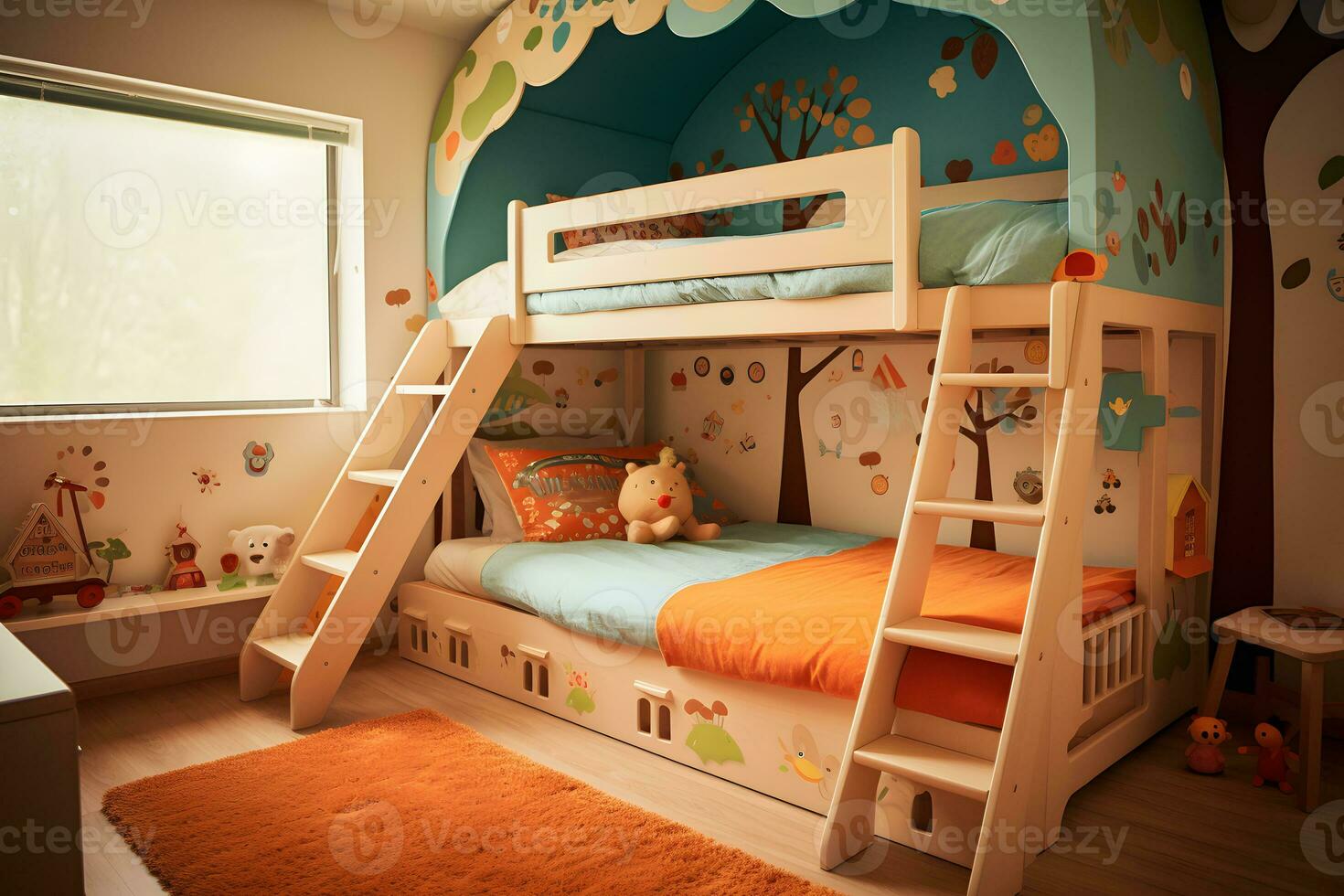 inspirador niños dormitorio decoración con linda muebles, ai generado foto