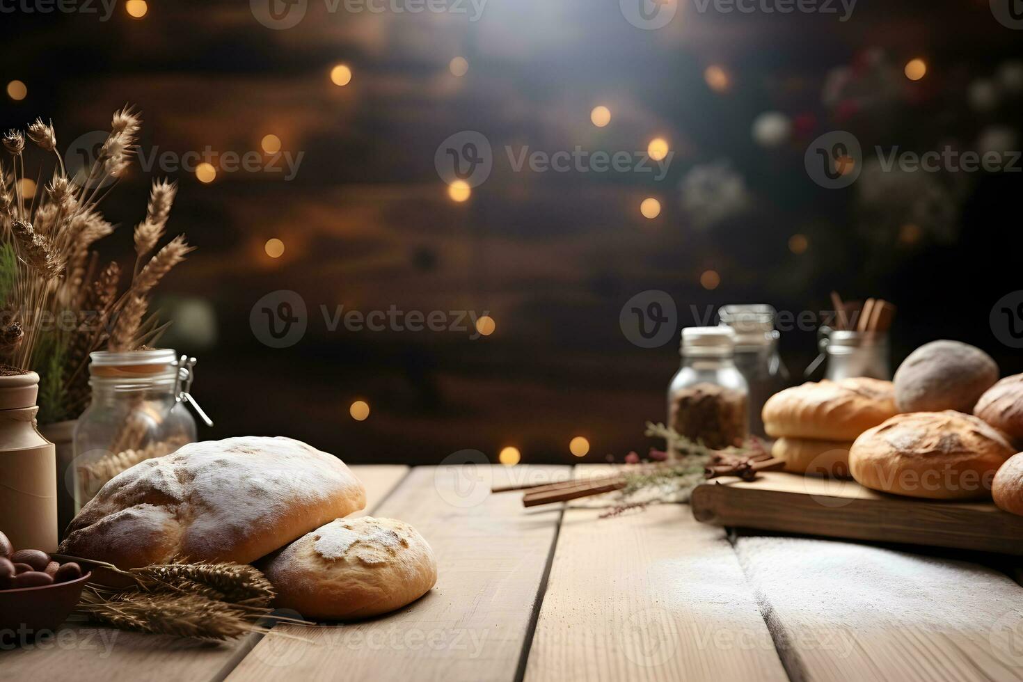 Wooden Table Set with Bakery Style Flour and Bread Ornaments, ai generated photo