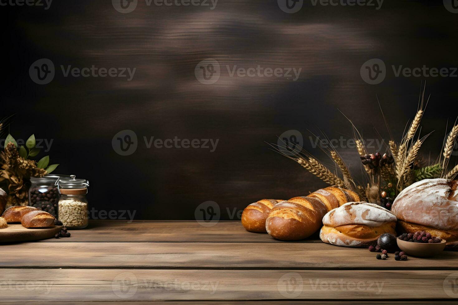 Wooden Table Setting featuring Bakery Theme, Flour, and Bread, ai generated photo