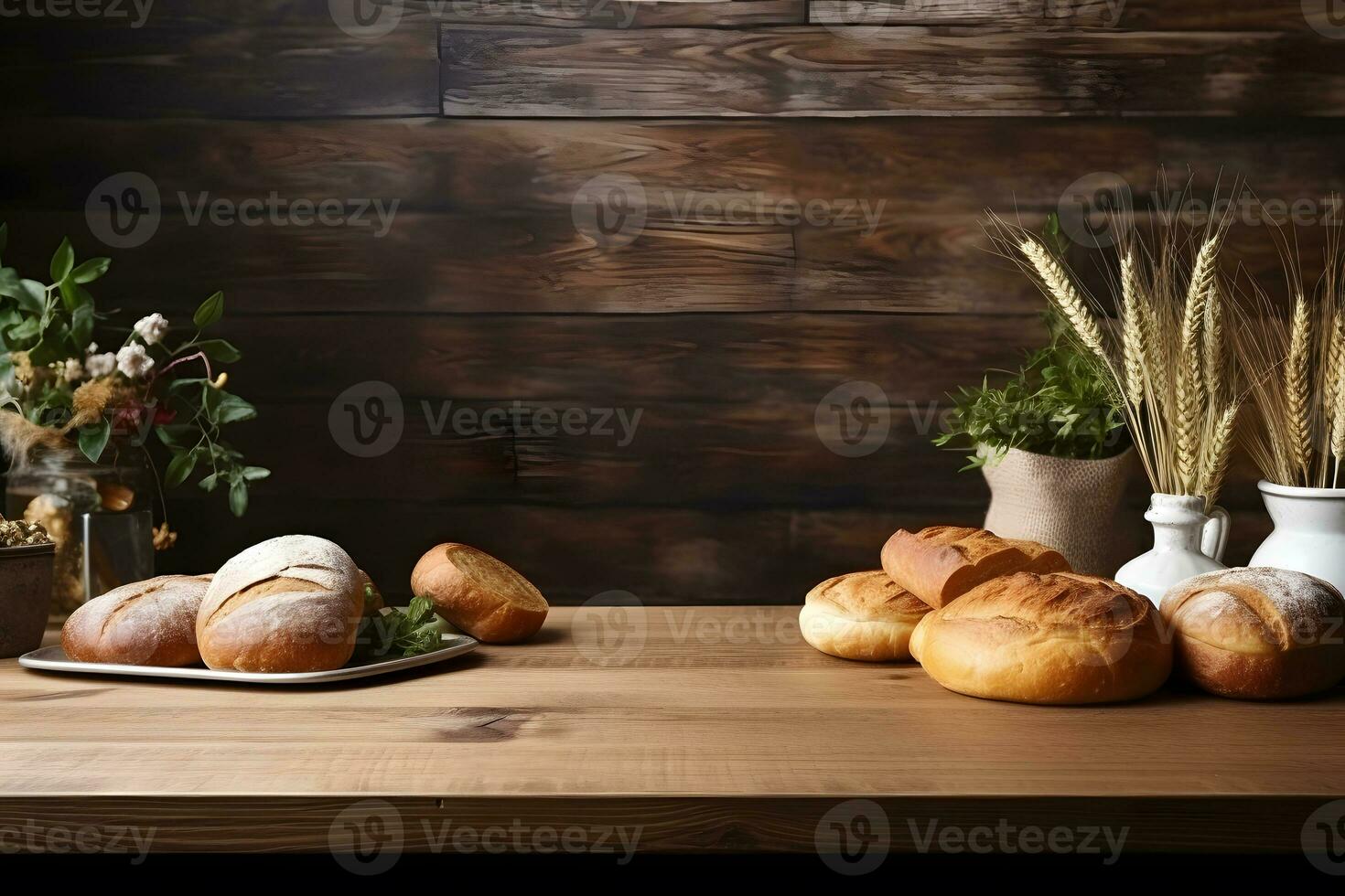 de madera mesa con panadería temática antecedentes y harina pan, ai generado foto