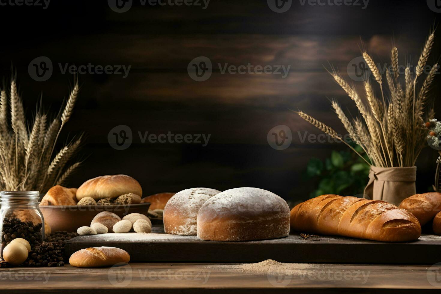 antecedentes mesa decoración, de madera superficie con panadería harina tema, ai generado foto