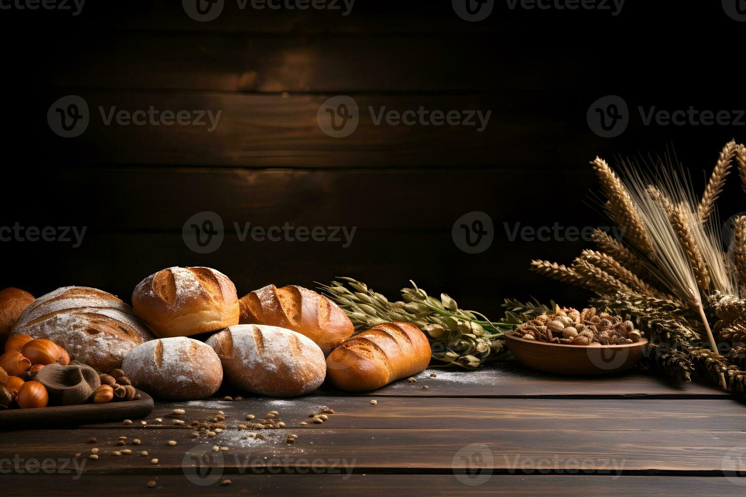 Bakery Flour and Bread Elements on a Wooden Tabletop, ai generated photo