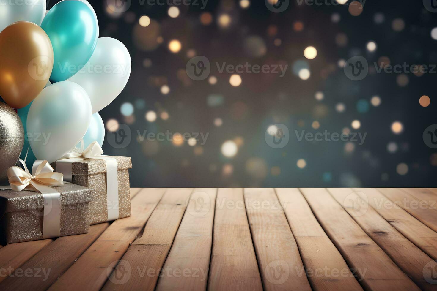 de madera mesa decorado para cumpleaños y aniversario, ai generado foto