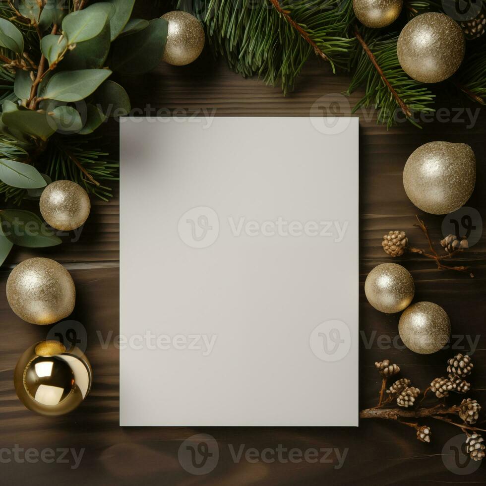 Christmas gift, card, pinecone, leaves on a table background. Top view, copy space. Mockup greeting card merry Christmas and happy new year photo