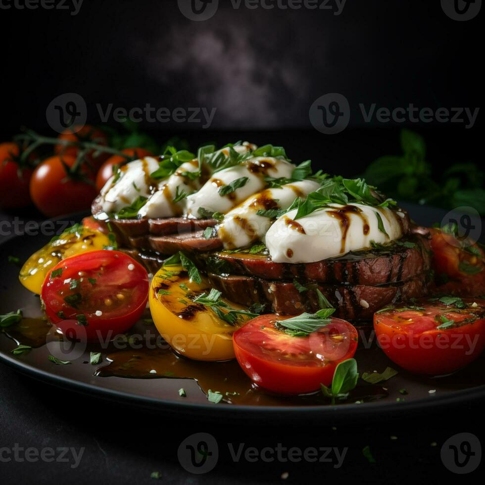 Italian caprese salad with sliced tomatoes, mozzarella cheese, basil, olive oil. Fried meat steak on slate. Menu food macro photo. photo