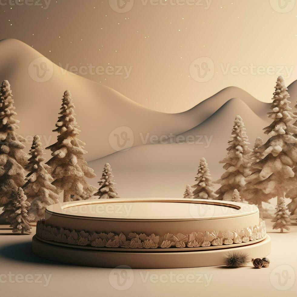 Christmas podium for branding and packaging presentation. Product display with gift boxes, christmas tree and snow. Christmas showcase. Cosmetic and fashion. 3d illustration. 3d render photo