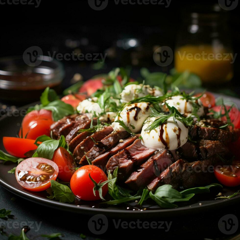 Italian caprese salad with sliced tomatoes, mozzarella cheese, basil, olive oil. Fried meat steak on slate. Menu food macro photo. photo