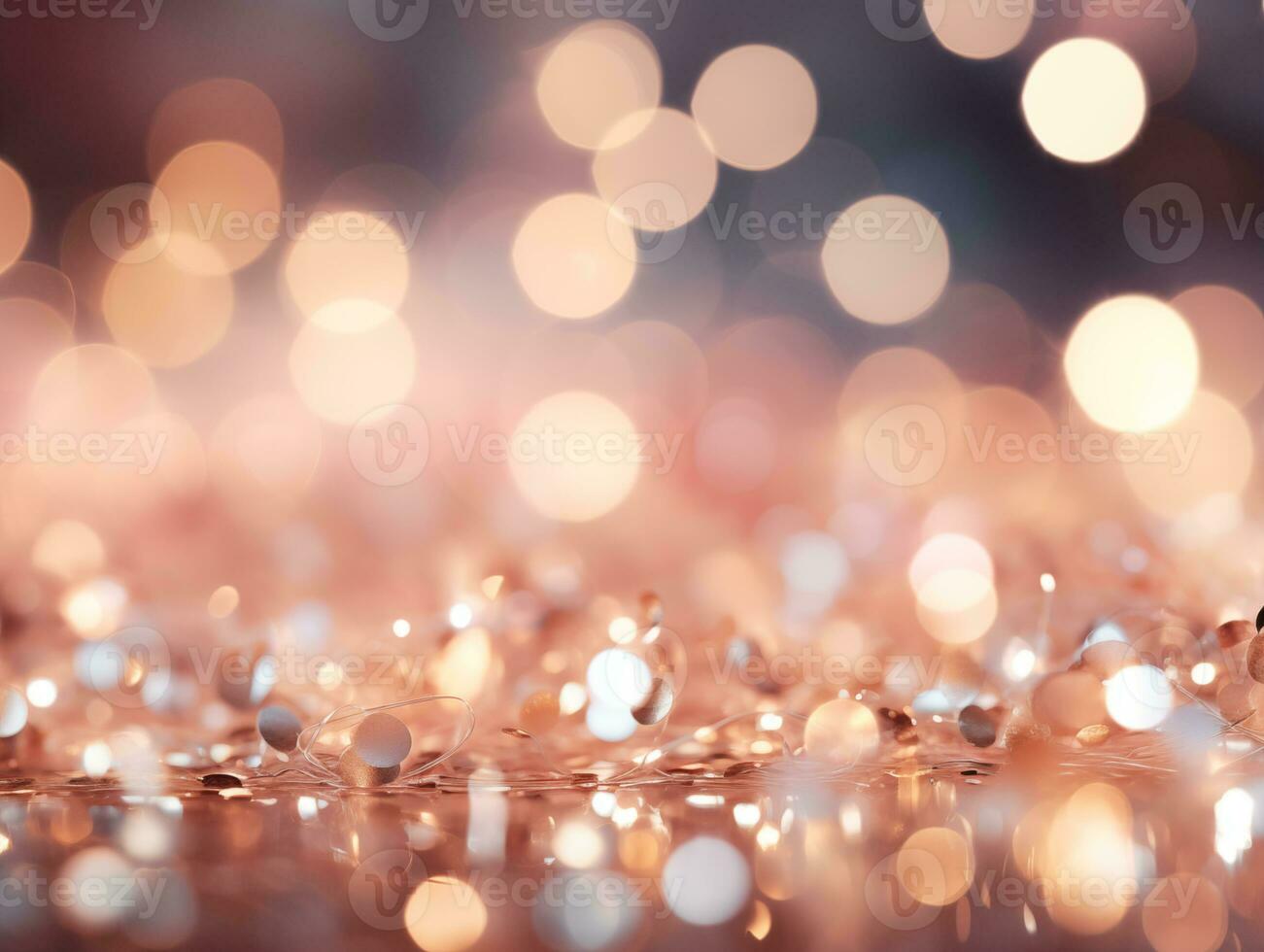 Pink christmas particles and sprinkles for a holiday celebration. Bokeh loghts, wallpaper background for ads or gifts wrap and web design photo
