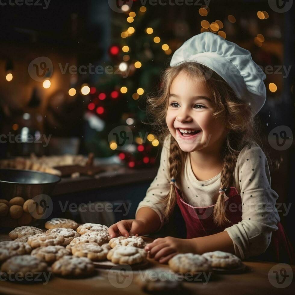 Happy little girl bake Christmas cookies on cozy kitchen at home, Christmas decorations on background photo