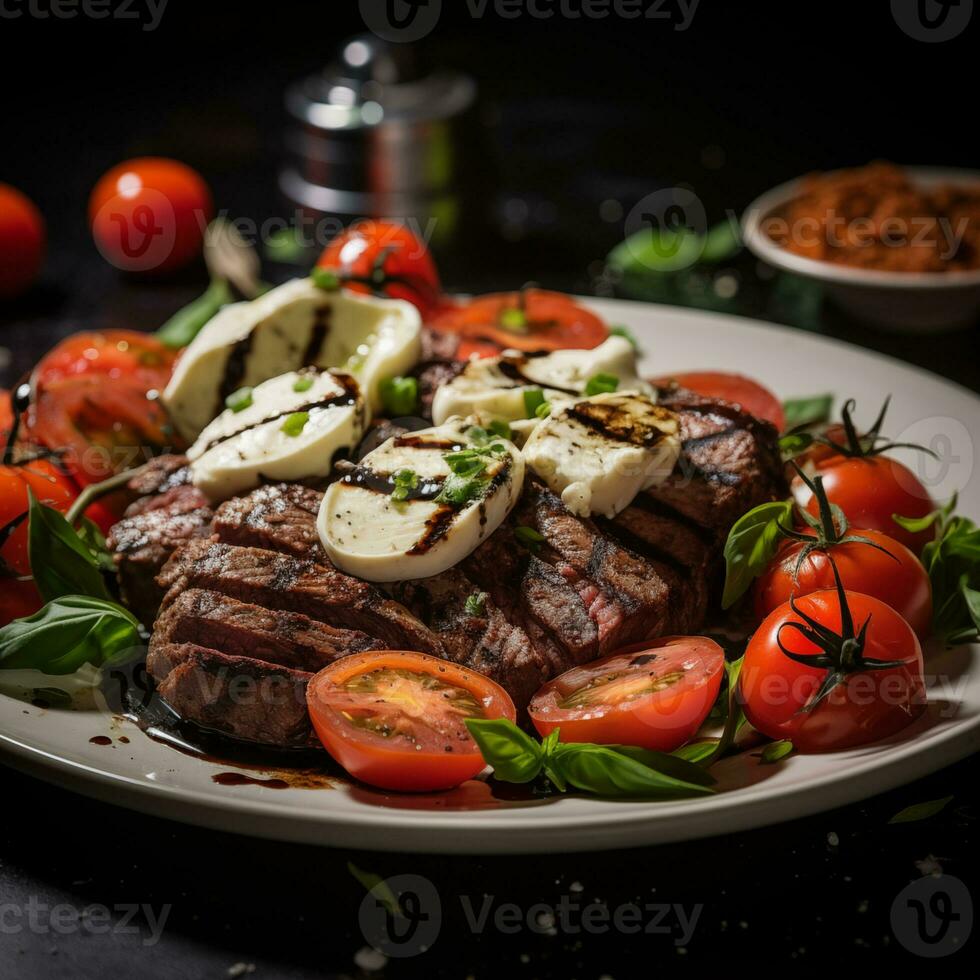 Italian caprese salad with sliced tomatoes, mozzarella cheese, basil, olive oil. Fried meat steak on slate. Menu food macro photo. photo