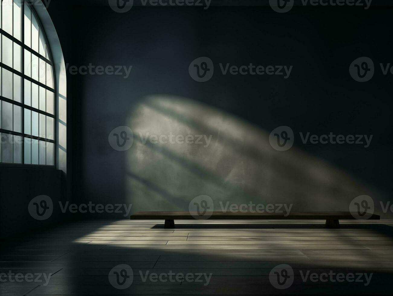 Empty dark abstract wall with a light, window, bench and gradient studio room interior texture for display products wall background photo