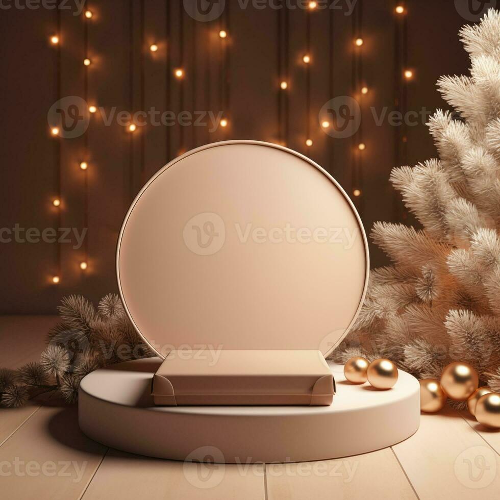 Christmas podium for branding and packaging presentation. Product display with gift boxes, christmas tree and snow. Christmas showcase. Cosmetic and fashion. 3d illustration. 3d render photo