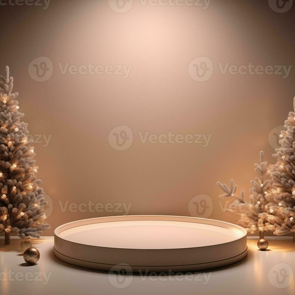 Christmas podium for branding and packaging presentation. Product display with gift boxes, christmas tree and snow. Christmas showcase. Cosmetic and fashion. 3d illustration. 3d render photo