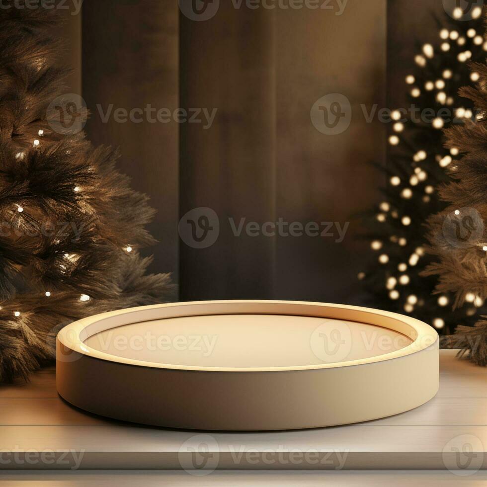 Christmas podium for branding and packaging presentation. Product display with gift boxes, christmas tree and snow. Christmas showcase. Cosmetic and fashion. 3d illustration. 3d render photo