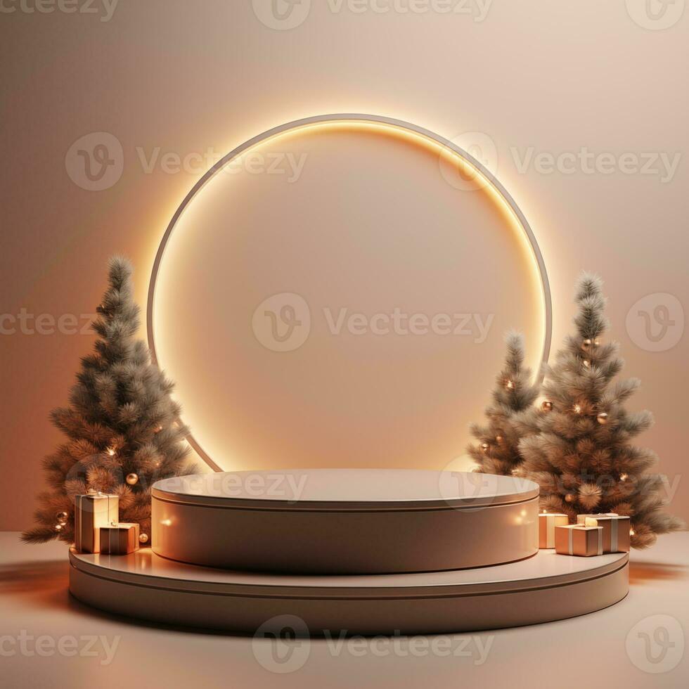 Christmas podium for branding and packaging presentation. Product display with gift boxes, christmas tree and snow. Christmas showcase. Cosmetic and fashion. 3d illustration. 3d render photo