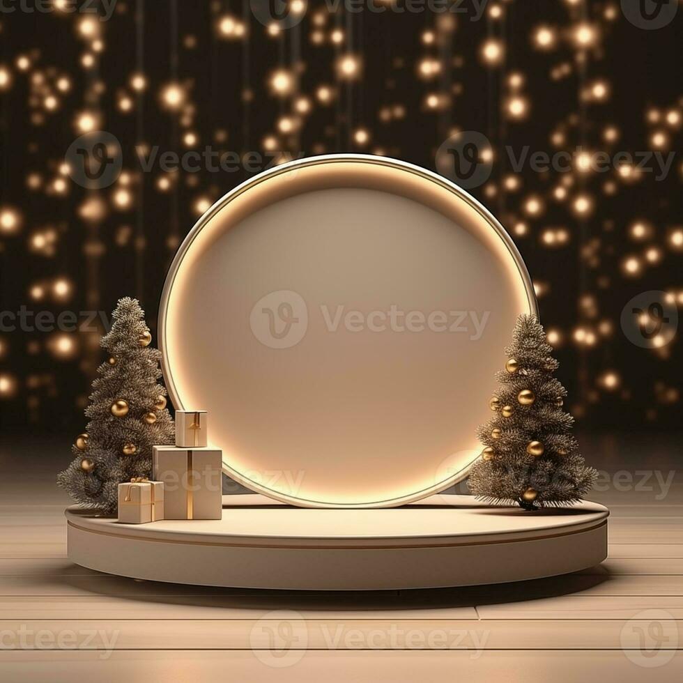 Christmas podium for branding and packaging presentation. Product display with gift boxes, christmas tree and snow. Christmas showcase. Cosmetic and fashion. 3d illustration. 3d render photo