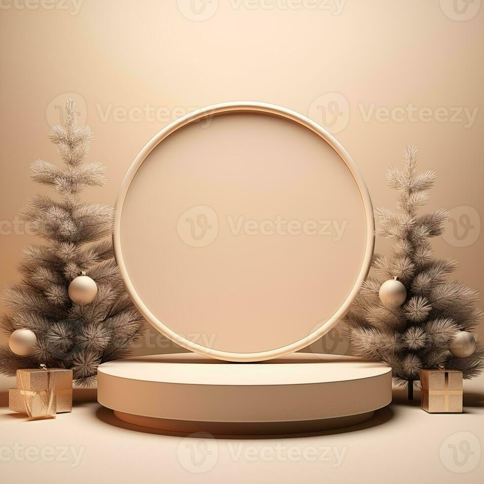 Christmas podium for branding and packaging presentation. Product display with gift boxes, christmas tree and snow. Christmas showcase. Cosmetic and fashion. 3d illustration. 3d render photo