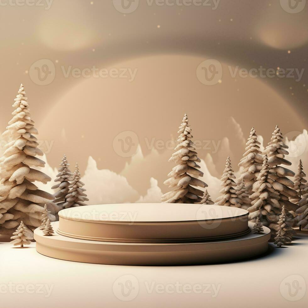 Christmas podium for branding and packaging presentation. Product display with gift boxes, christmas tree and snow. Christmas showcase. Cosmetic and fashion. 3d illustration. 3d render photo