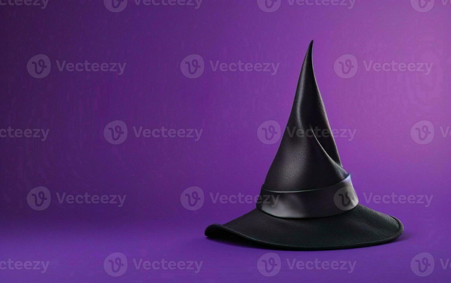 Simple black witch's hat with a belt on a purple background. AI Generative photo