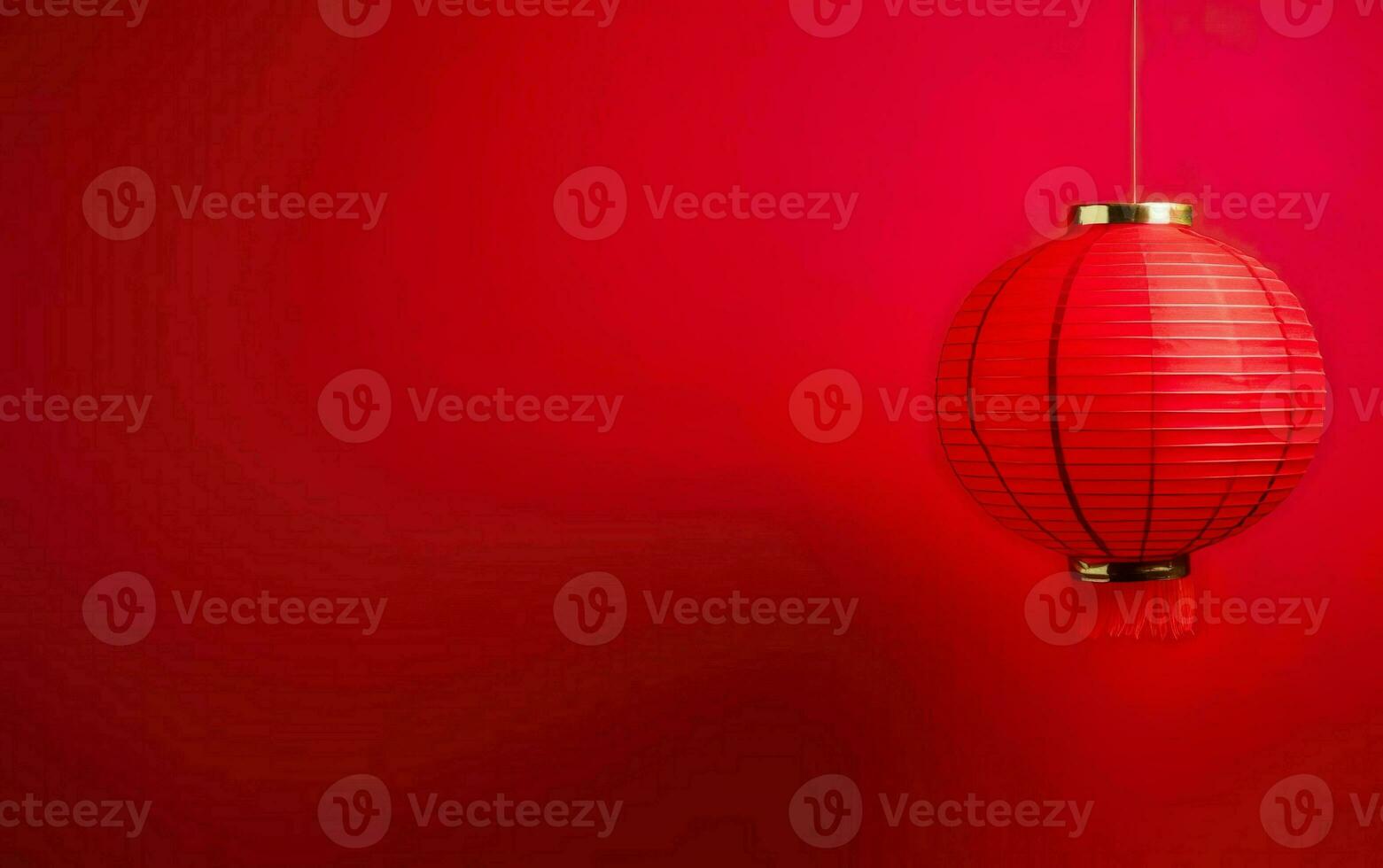 Spring Festival Poster. Minimalistic modern banner template with a hanging lantern. Chinese New Year decorations on bright red background, copy space. AI Generative photo