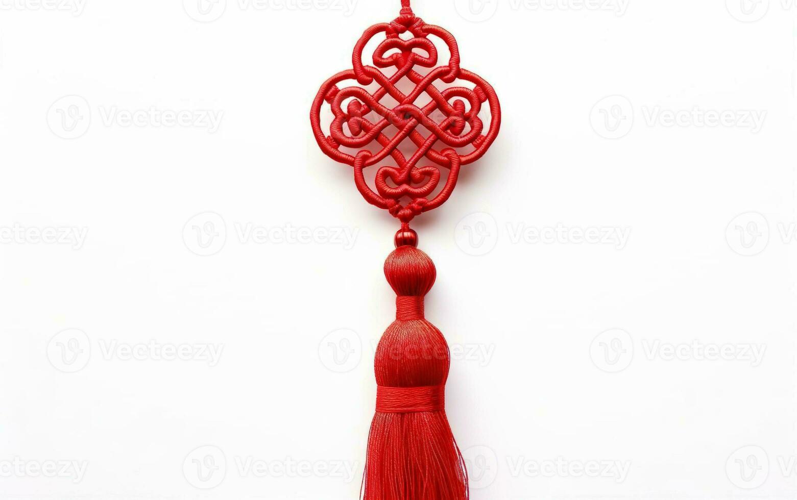 Asian symmetrical ornament, a red knot with brush fringe isolated on white background. Symbol of good luck. AI Generative photo