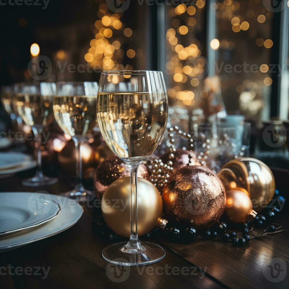 Dinner table full of dishes with Champagne, Christmas and New Year. Generative Ai photo