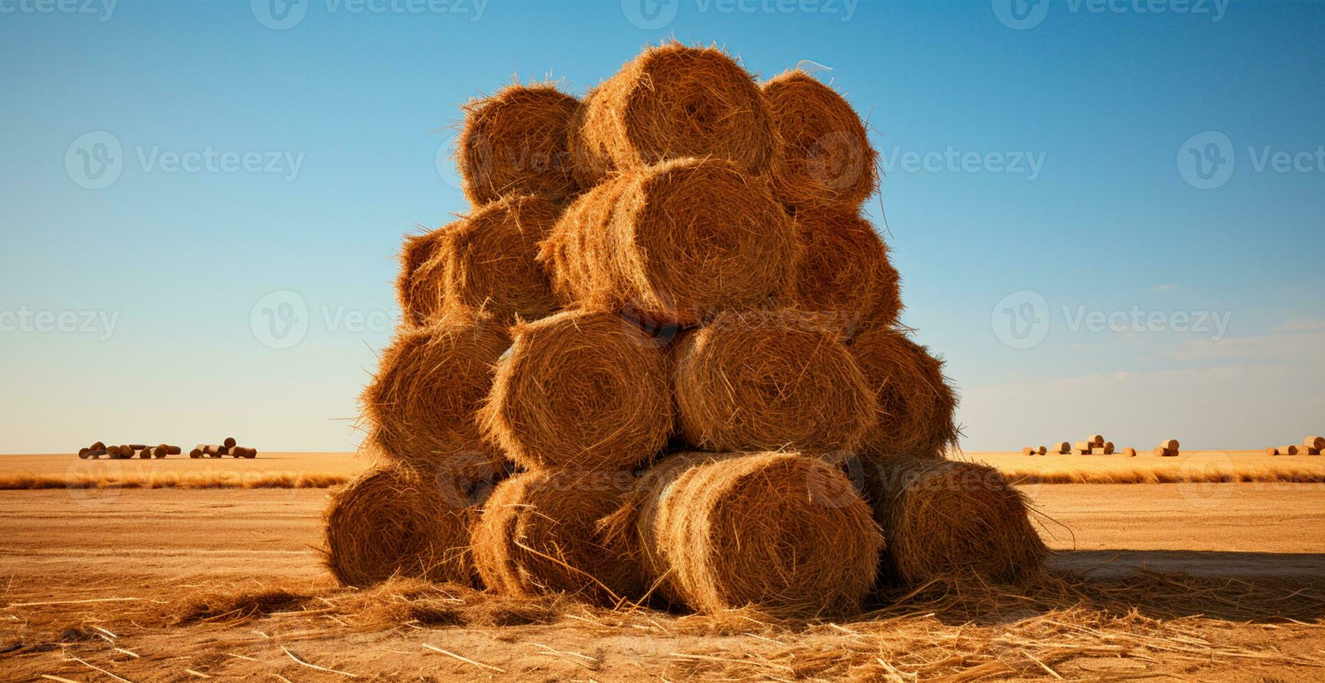 Freshly cut hay in rolls lying in a field - AI generated image photo