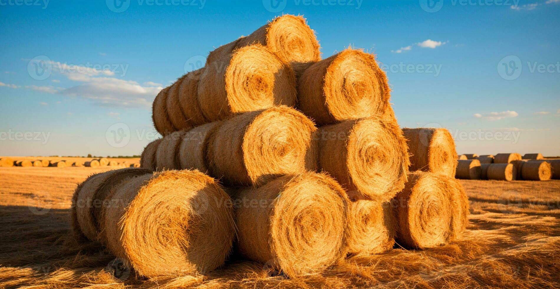 Freshly cut hay in rolls lying in a field - AI generated image photo