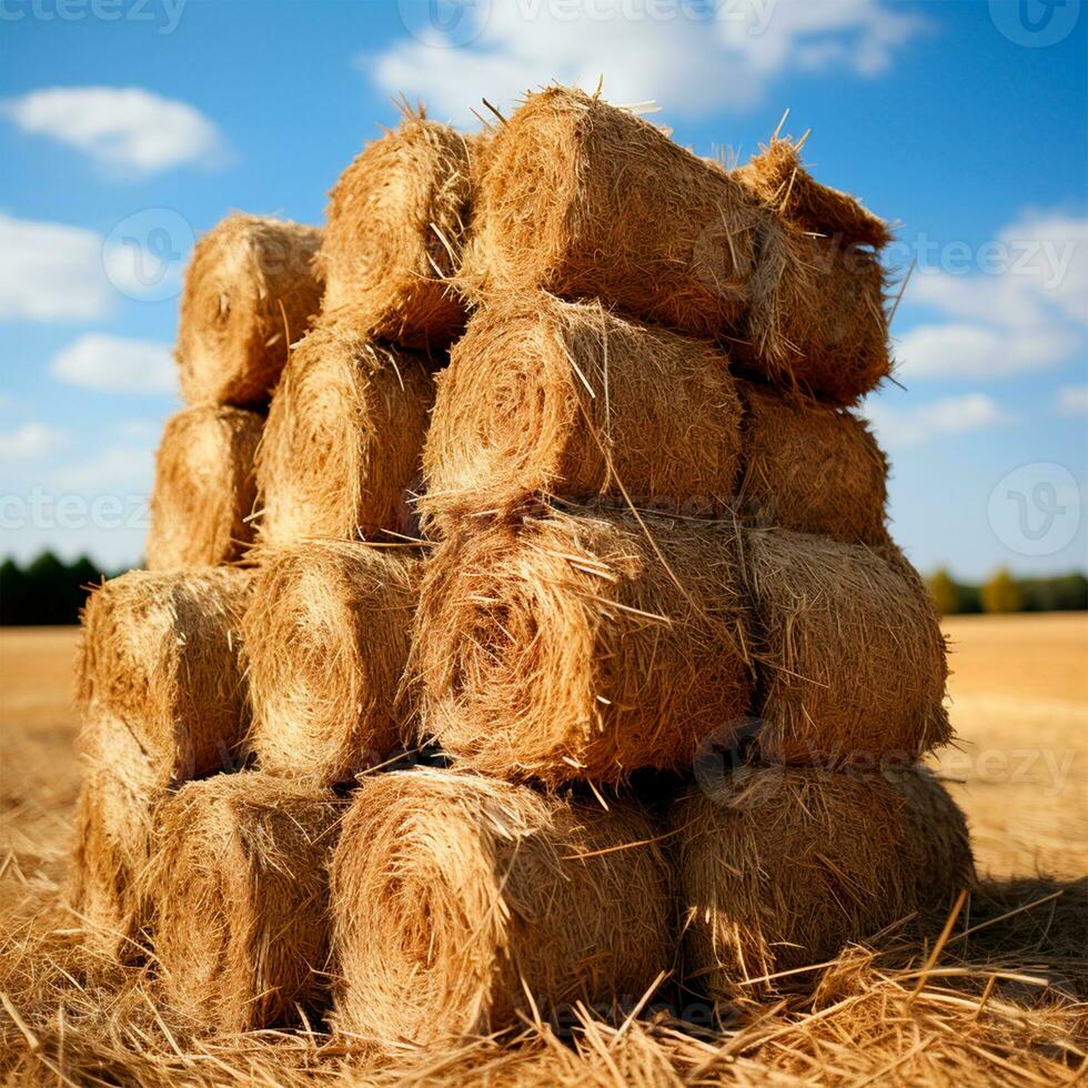 Freshly cut hay in rolls lying in a field - AI generated image photo