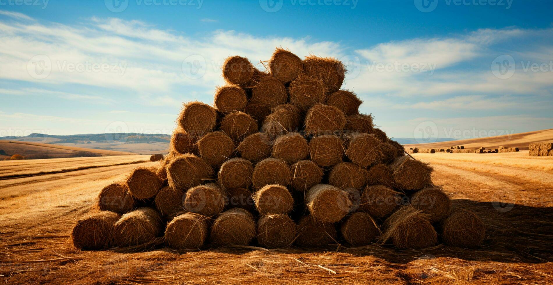 Freshly cut hay in rolls lying in a field - AI generated image photo