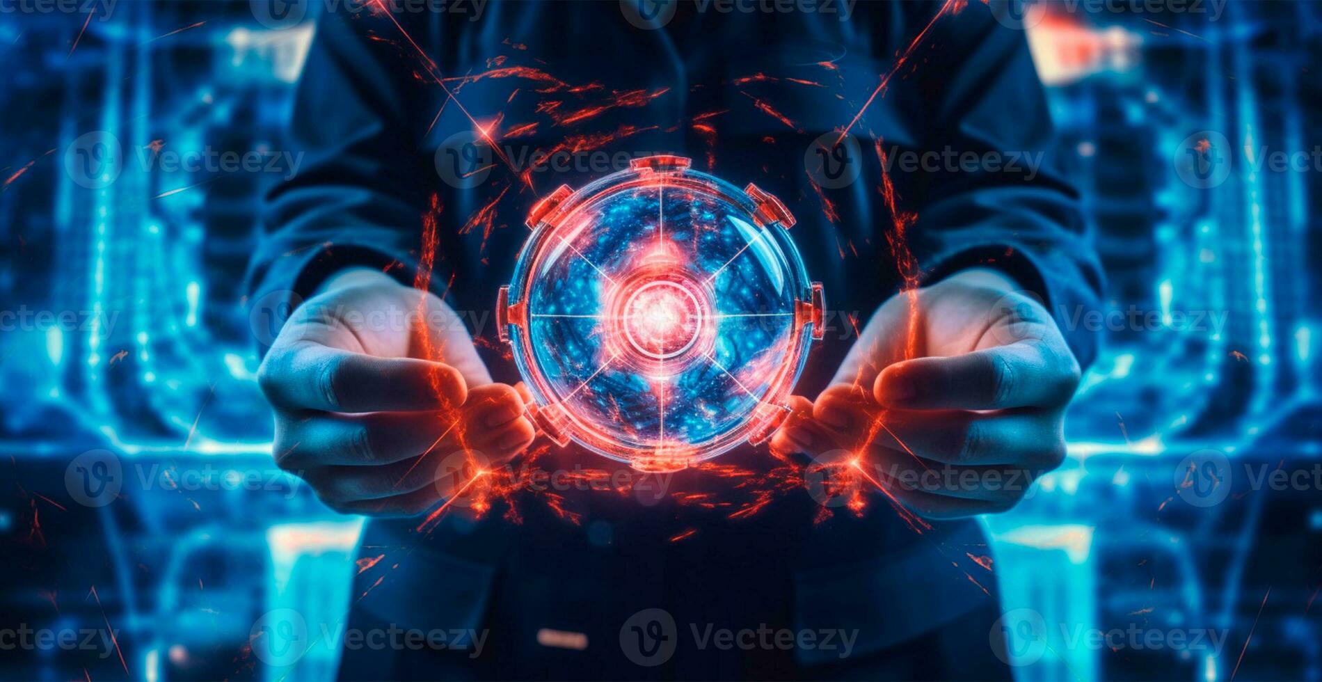 Abstract bright sphere of the world in hands, concept of the future - AI generated image photo