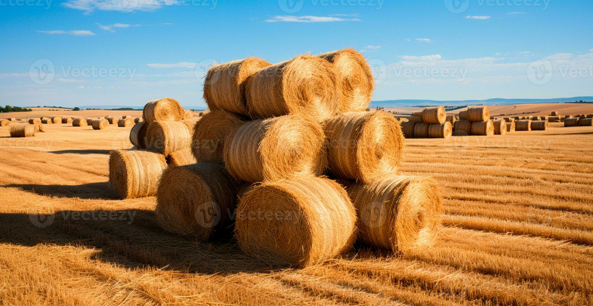 recién cortar heno en rollos acostado en un campo - ai generado imagen foto