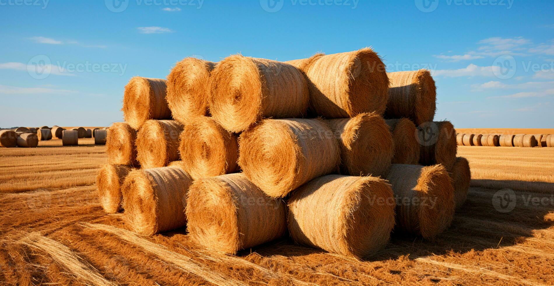 Freshly cut hay in rolls lying in a field - AI generated image photo