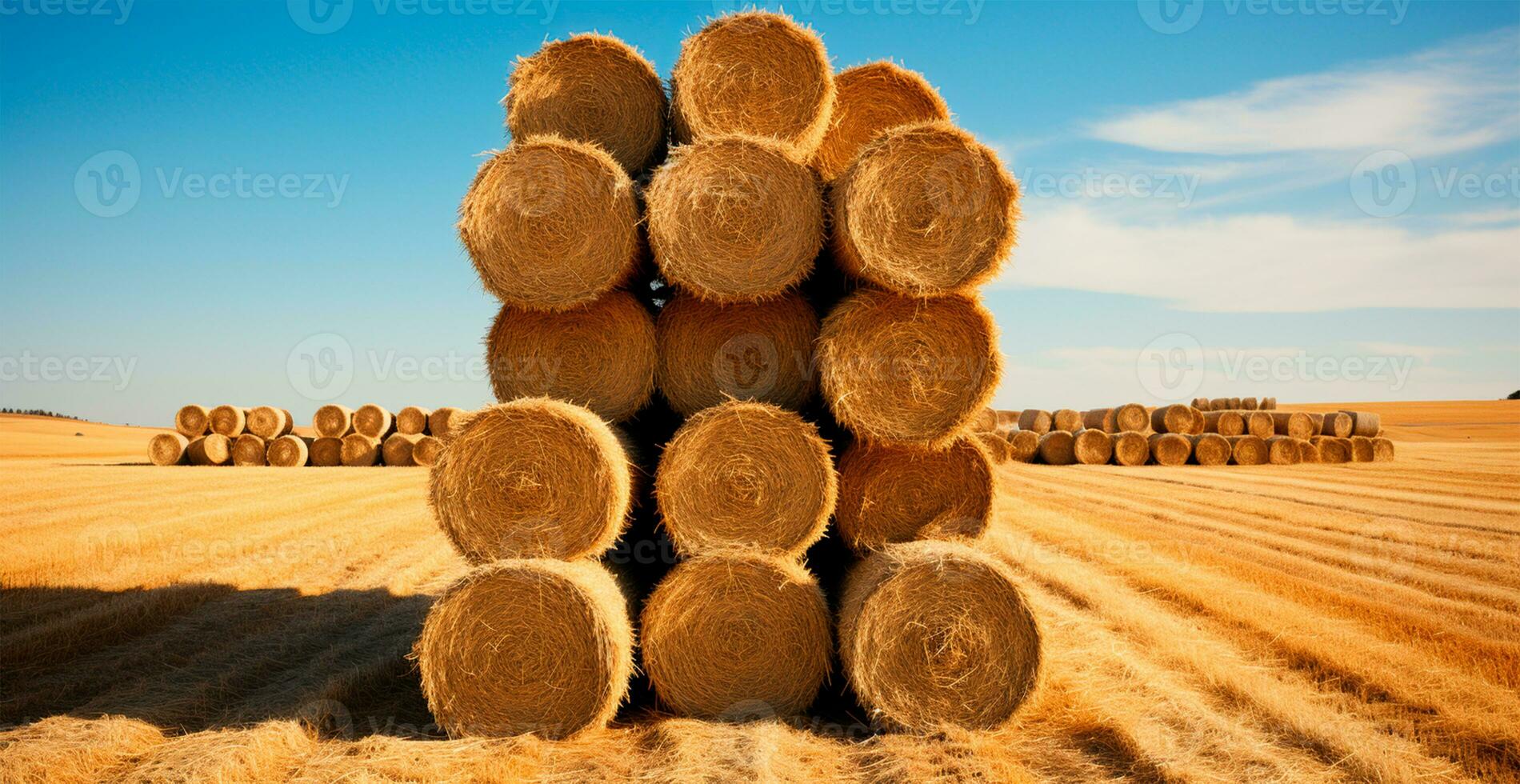 Freshly cut hay in rolls lying in a field - AI generated image photo