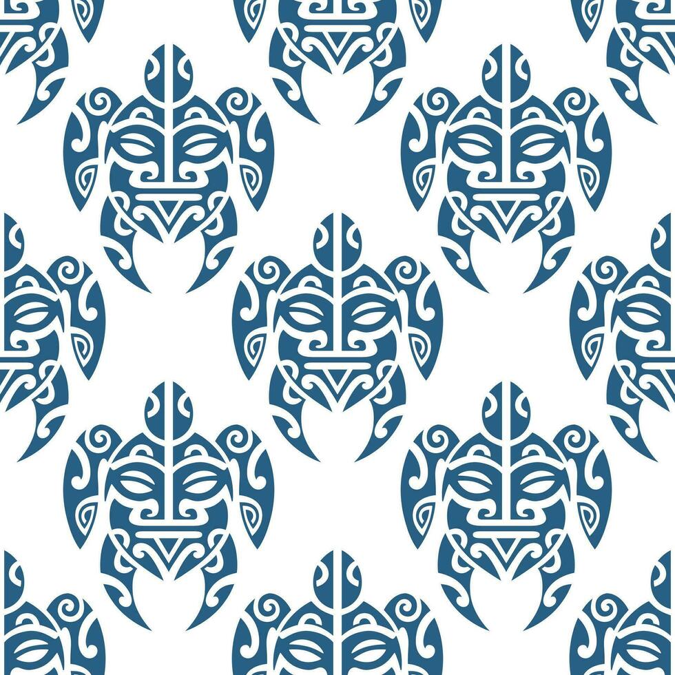 Seamless pattern with sea turtles. Marine life. Maori pattern. Stylish background. Blue and white. vector
