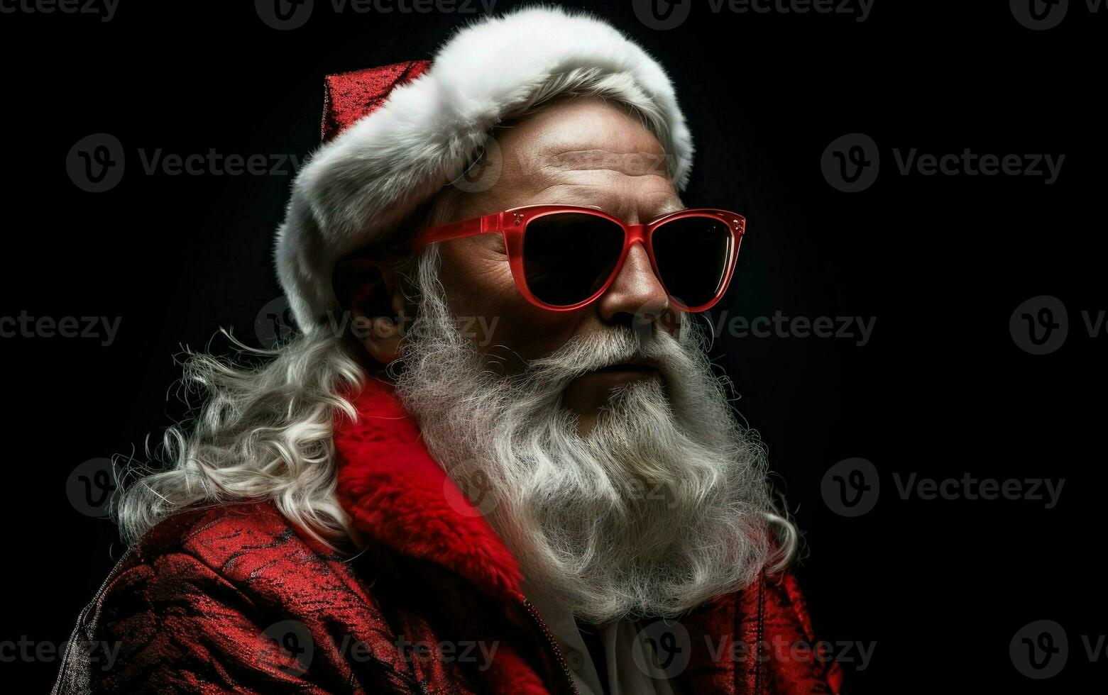 Meme Santa clause surfer wearing sunglasses on black background. three quarters view. AI Generative photo