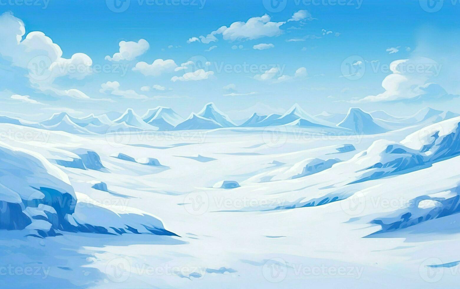 Snowdrift fresh sunny landscape with clouds and mountains, blue sky. AI Generative photo