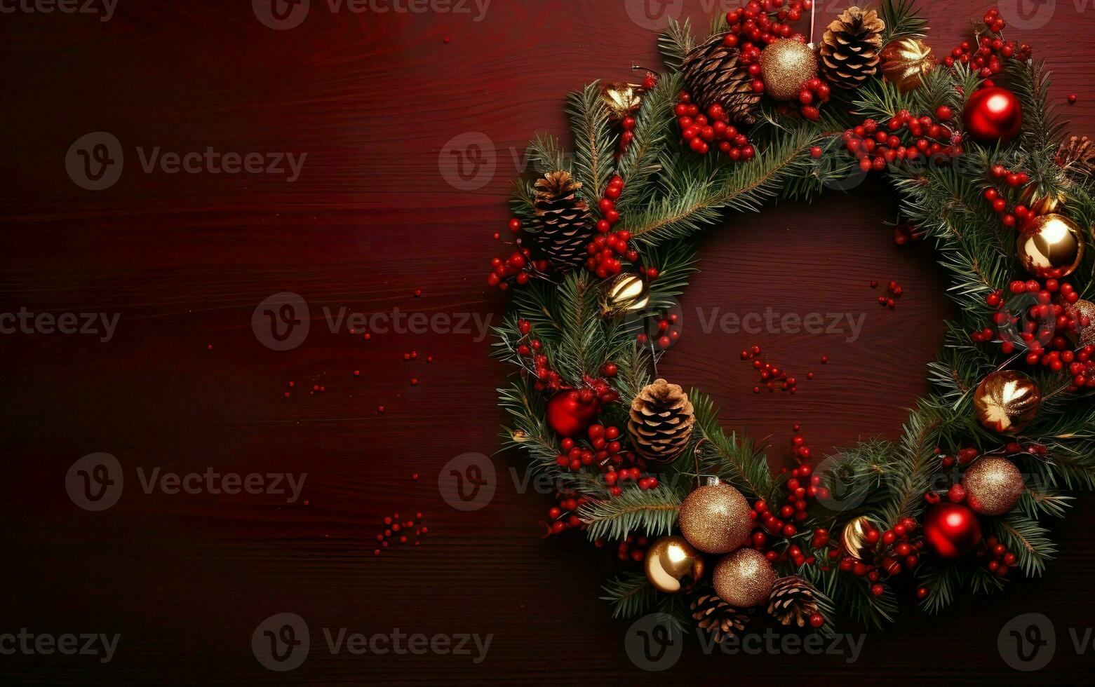Merry Christmas decorated wreath on a maroon background, copy space at the left. AI Generative photo