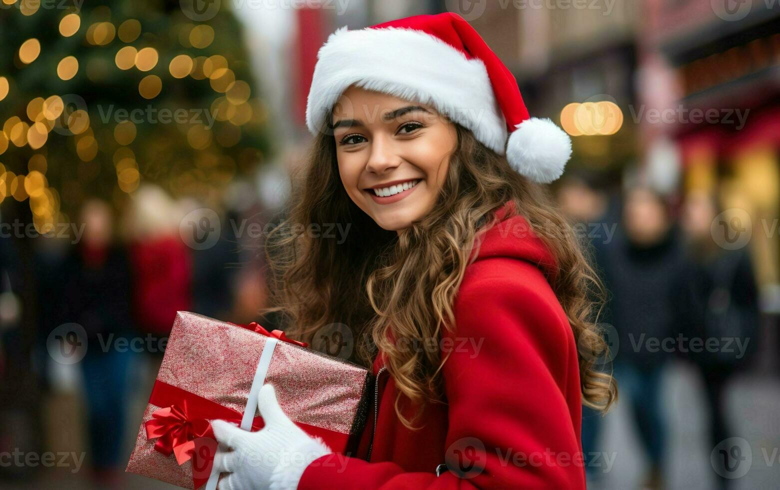 Pretty happy woman standing on the street, wearing Santa's hat and costume holding a Christmas gif outside, de focus. AI Generative photo