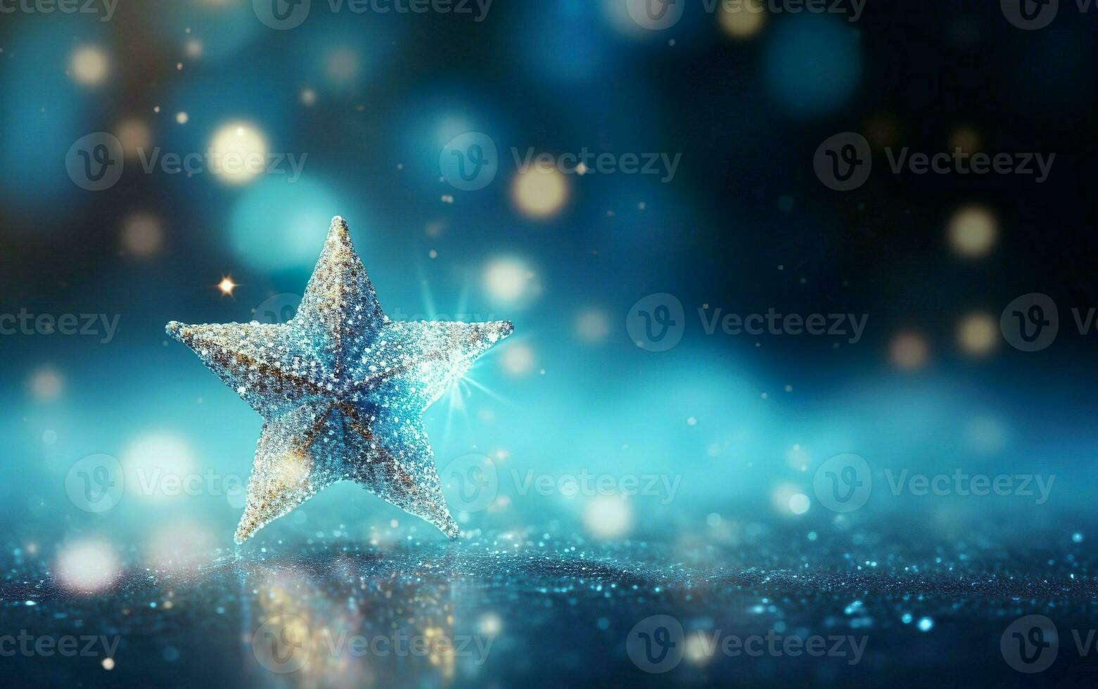 Make a wish silver shining star twinkling on a glitter background. Blue night light, bokeh, de focus. Copy space at the right. AI Generative photo
