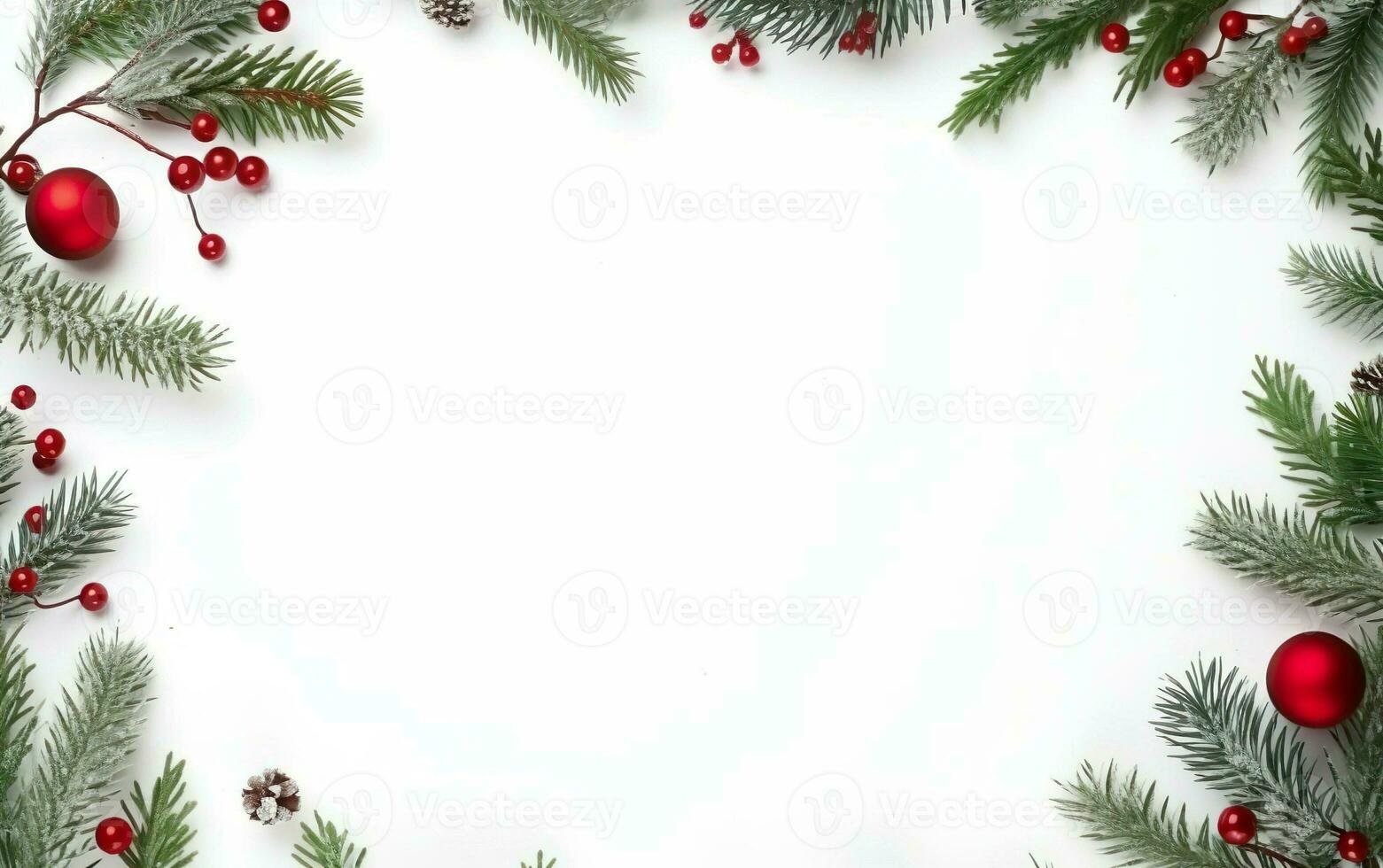 Happy Merry Christmas poster. Decorated pine tree branches for a wreath on a white background, copy space in the center. AI Generative photo