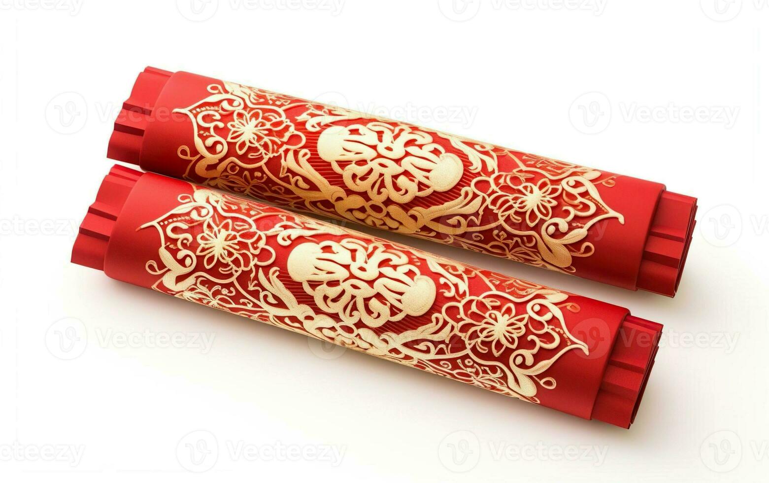 Happy Chinese New Year poster. Big Chinese red crackers isolated on white background. AI Generative photo