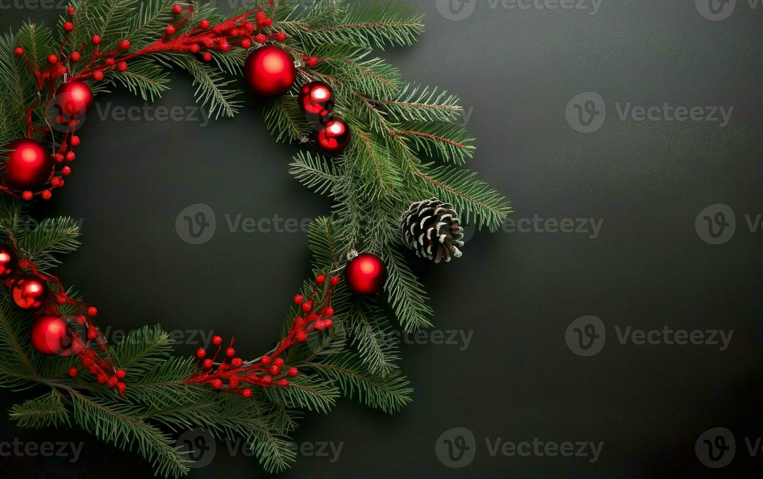 Merry Christmas wreath on a dark background, copy space at the right. AI Generative photo