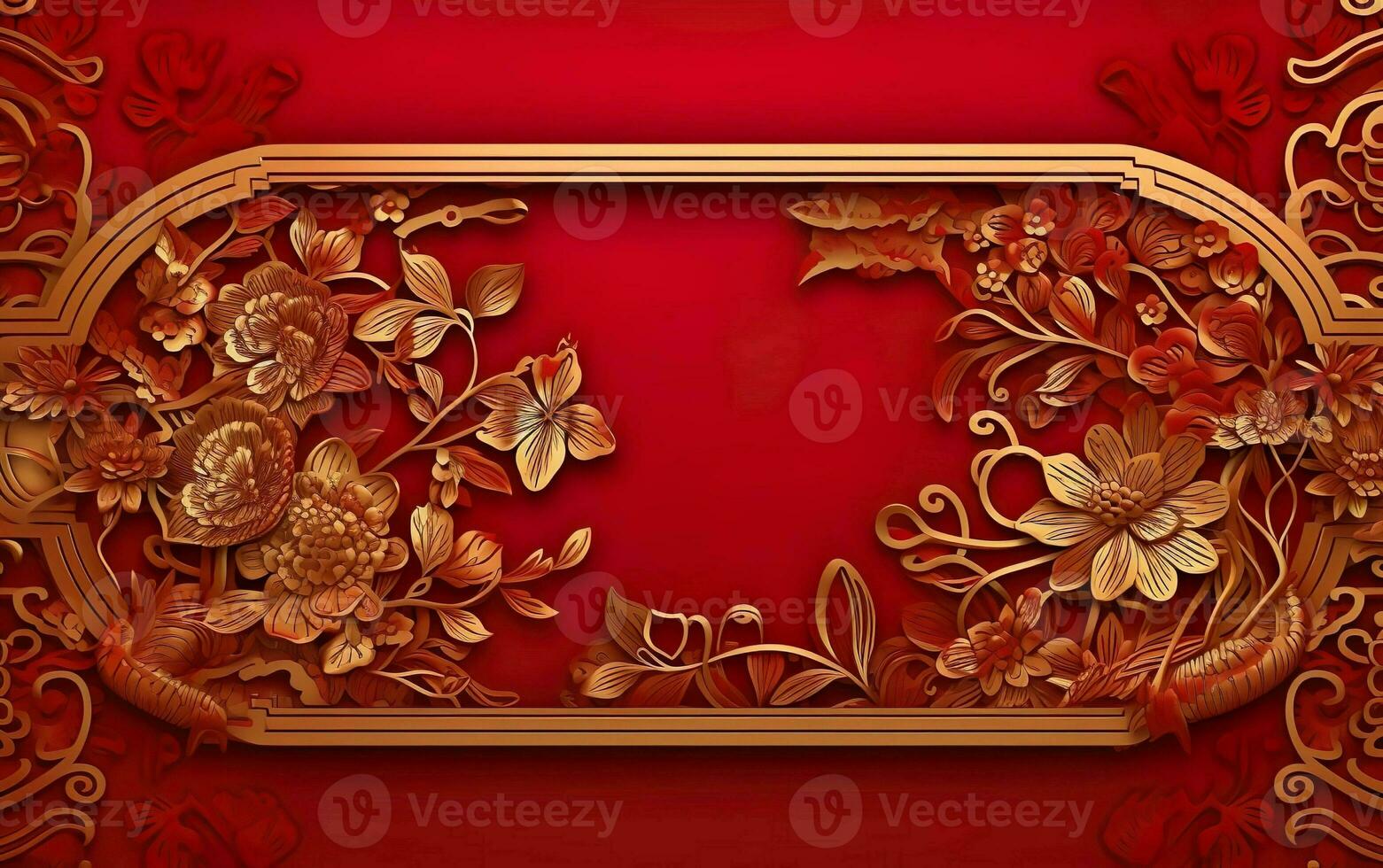 Happy Chinese New Year poster. Golden pattern isolated on red cloth. Traditional textile background. Asian beautiful floral texture. AI Generative photo