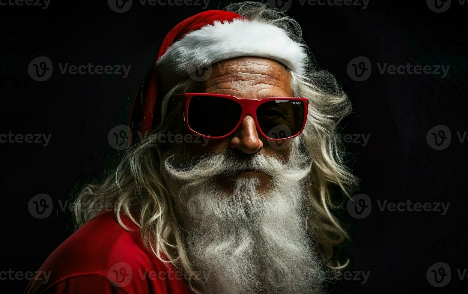 Meme Santa clause surfer wearing sunglasses looking at the camera on black background. AI Generative photo